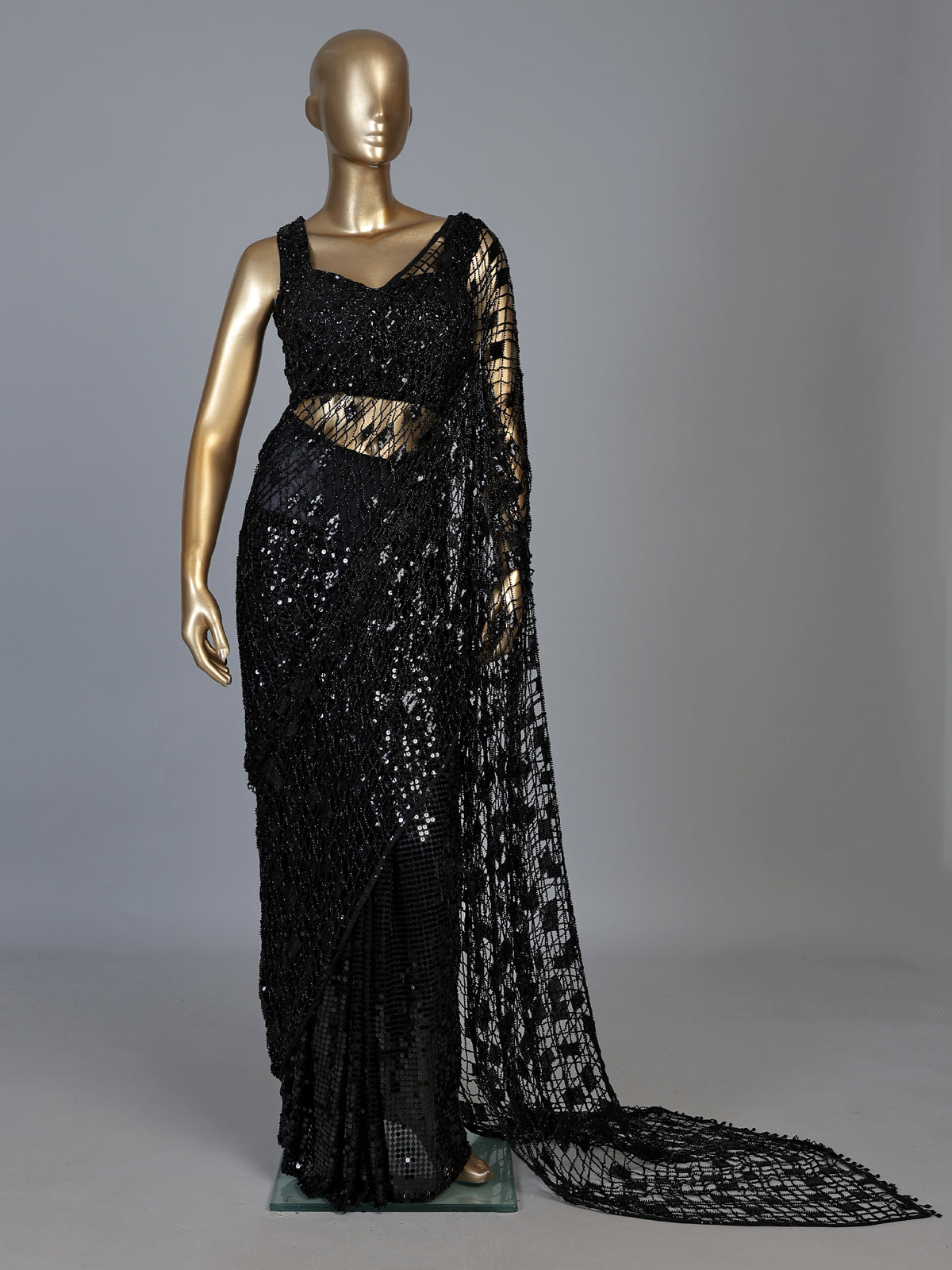 Black net unstitched designer saree with sequin embellishments