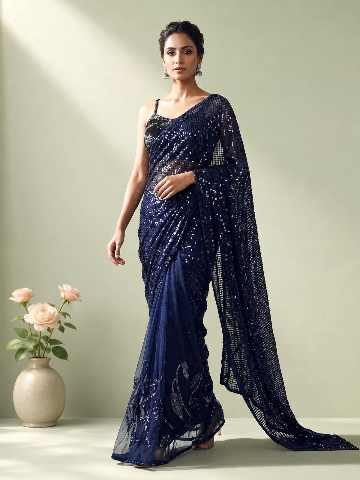 Blue satin silk designer saree with embellished tassel pallu