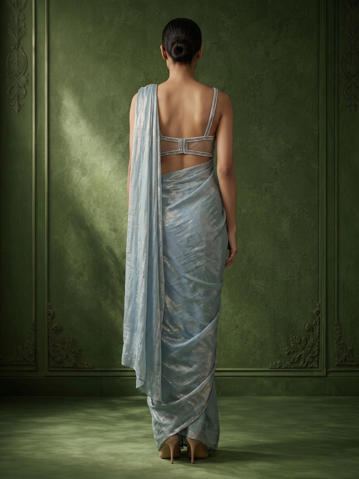 Pastel mint blue tissue silk ready to wear saree