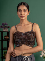 Brown net designer saree with tassel pallu and blouse