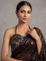 Brown net designer saree with tassel pallu and blouse