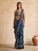Blue satin silk ready to wear designer saree with embellishments
