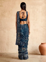 Blue satin silk ready to wear designer saree with embellishments