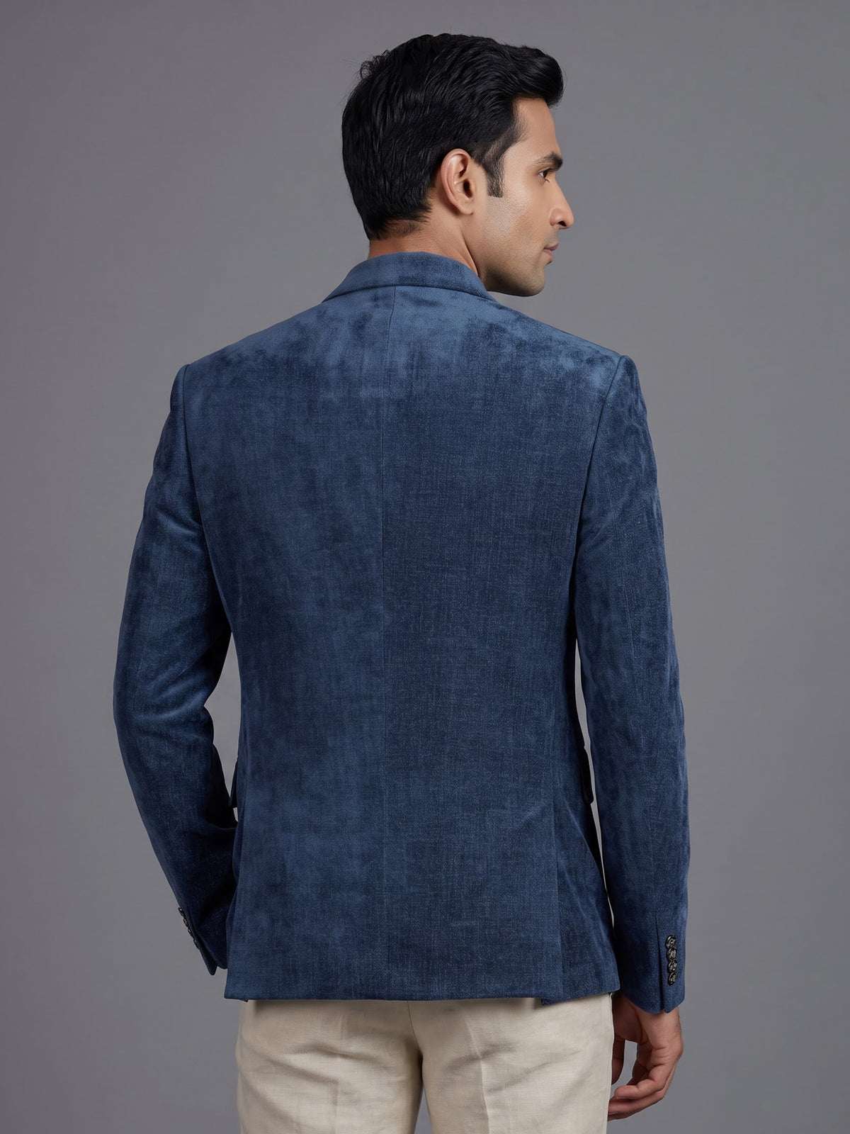 Blue denim blazer for men with contrast white piping