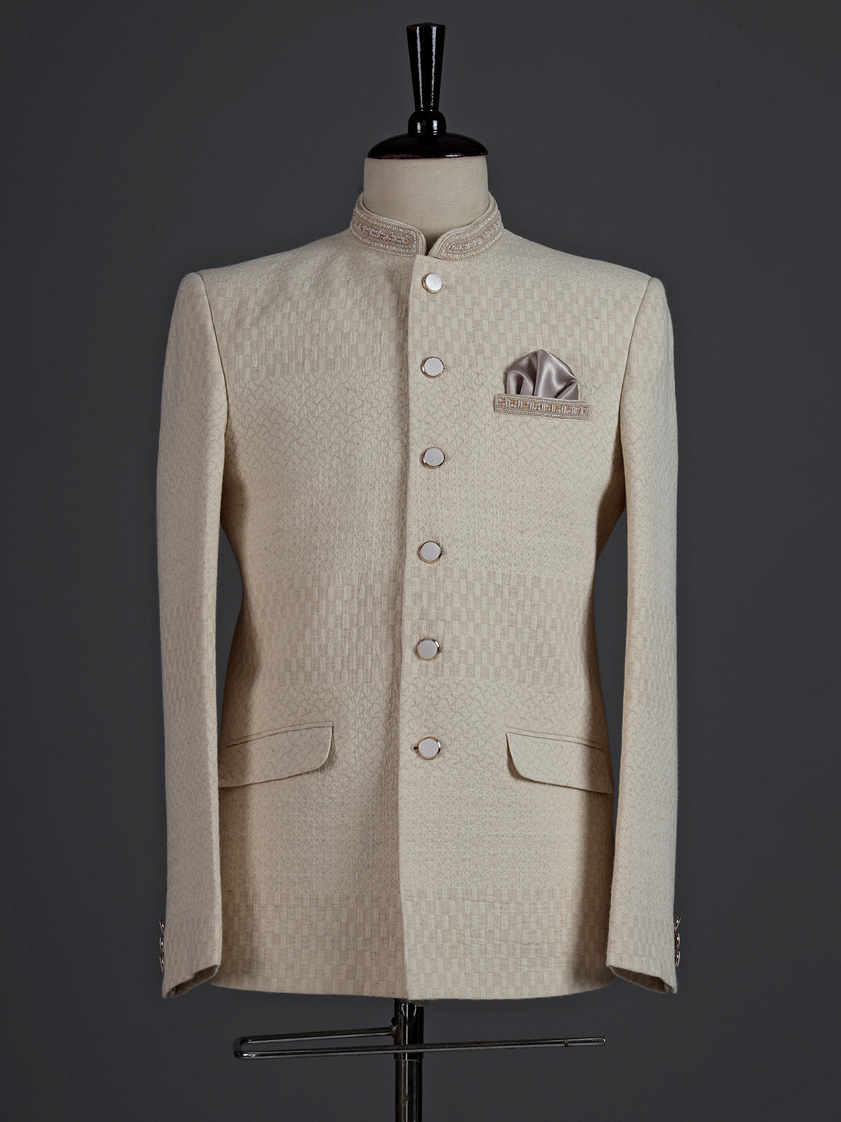 Elegant beige jacquard silk Jodhpuri suit for men with detailing