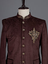 Royal brown micro velvet Jodhpuri suit for men with crest