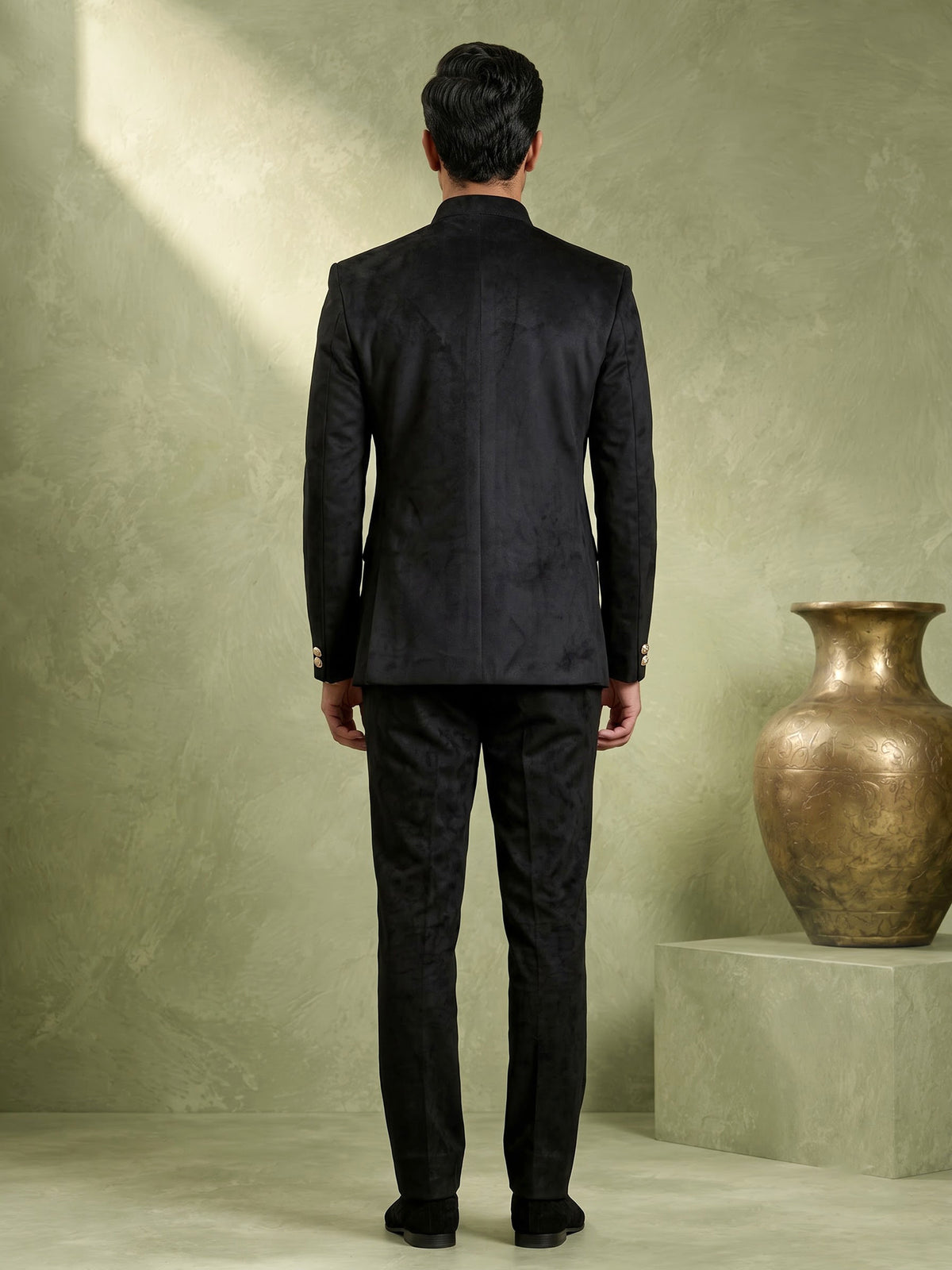 Regal jet black micro velvet Jodhpuri suit for men
