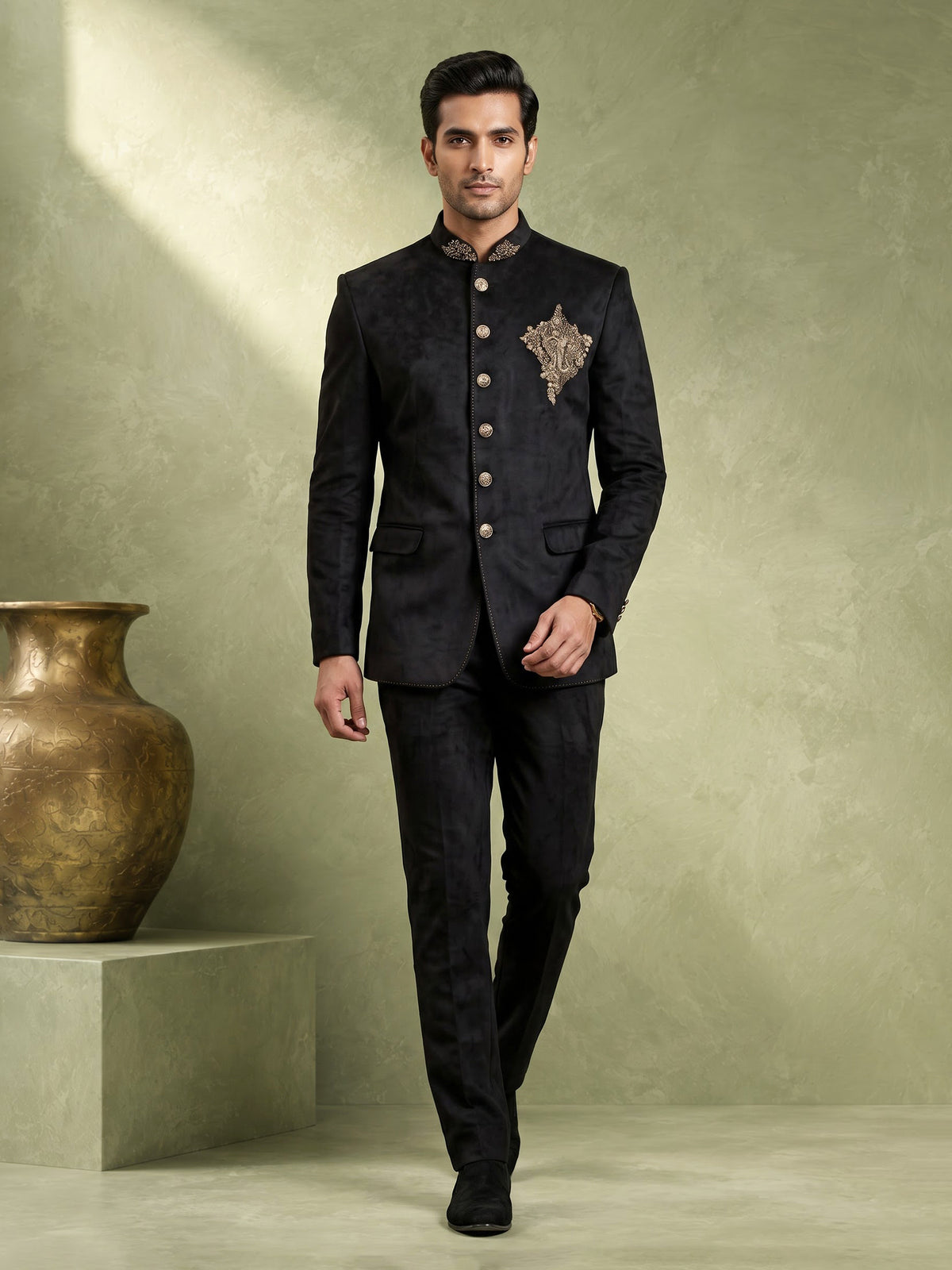 Regal jet black micro velvet Jodhpuri suit for men