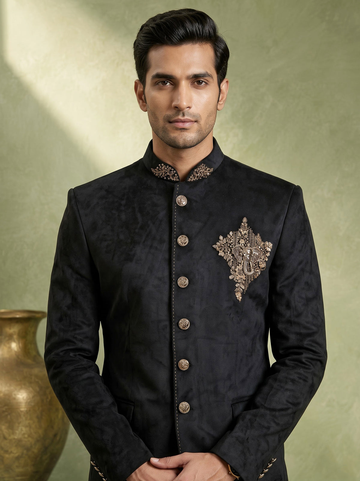 Regal jet black micro velvet Jodhpuri suit for men