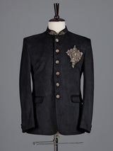 Regal jet black micro velvet Jodhpuri suit for men