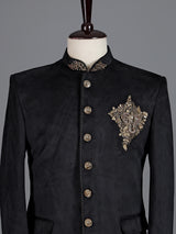 Regal jet black micro velvet Jodhpuri suit for men