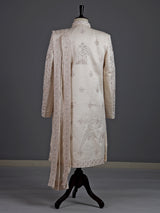 Off white raw silk sherwani for men with heavy zardosi