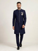 Navy terry rayon sherwani for men with zardosi collar detailing