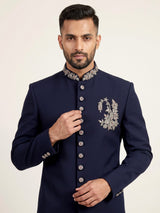 Navy terry rayon sherwani for men with zardosi collar detailing