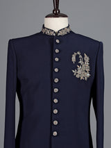 Navy terry rayon sherwani for men with zardosi collar detailing