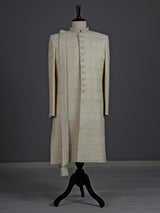 Elegant cream cotton poly sherwani for men with embellished dupatta