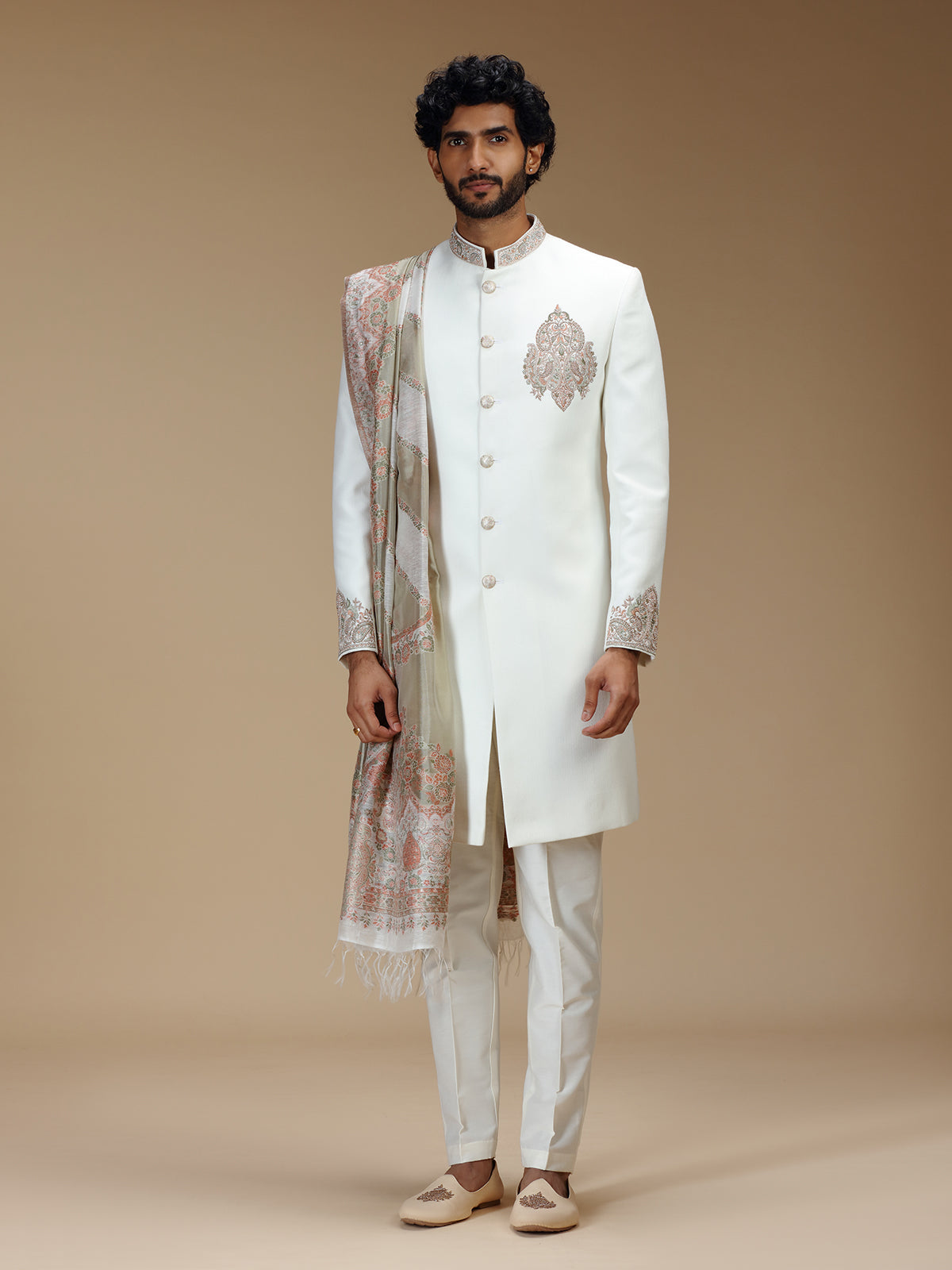 Off white polyester zardosi embroidered sherwani with dupatta for men