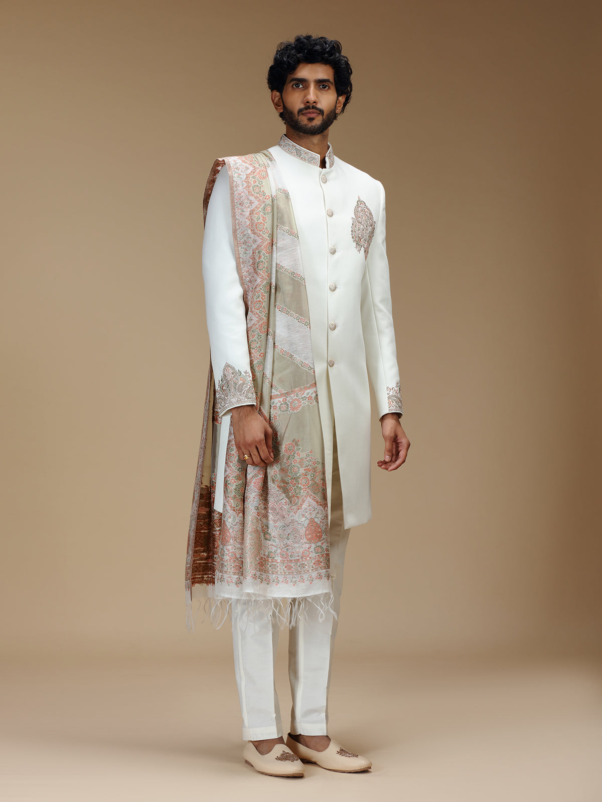 Off white polyester zardosi embroidered sherwani with dupatta for men