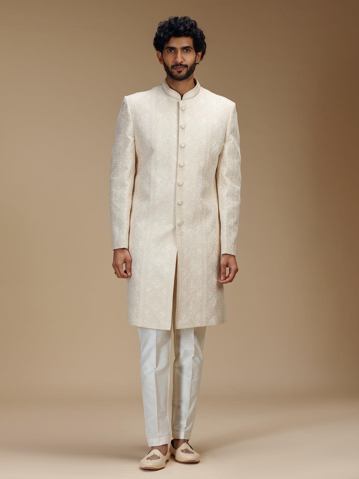 Cream brocade silk royal patterned sherwani with pants for men