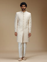 Cream brocade silk royal patterned sherwani with pants for men