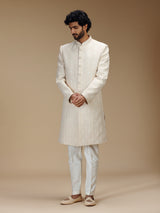 Cream brocade silk royal patterned sherwani with pants for men