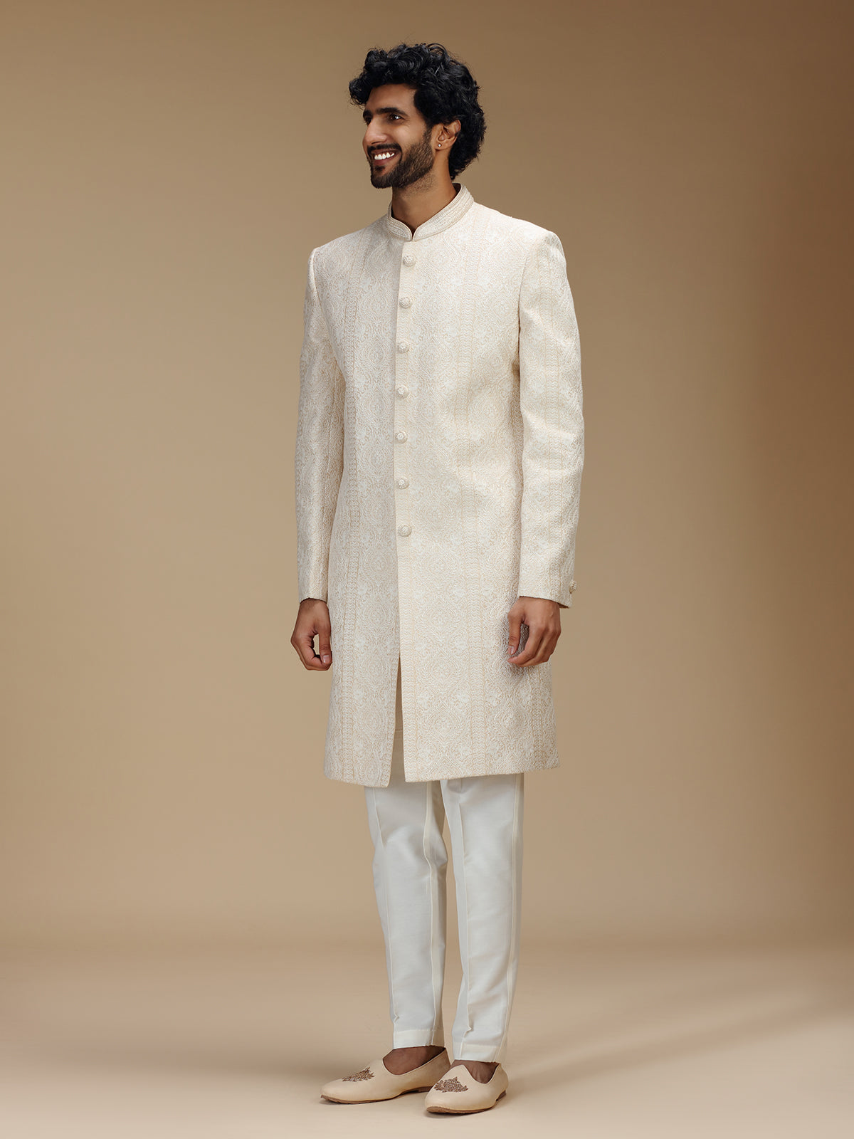 Cream brocade silk royal patterned sherwani with pants for men