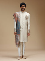 Off white linen silk embroidered sherwani with dupatta for men