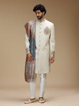 Off white linen silk embroidered sherwani with dupatta for men
