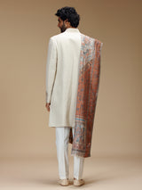 Off white linen silk embroidered sherwani with dupatta for men