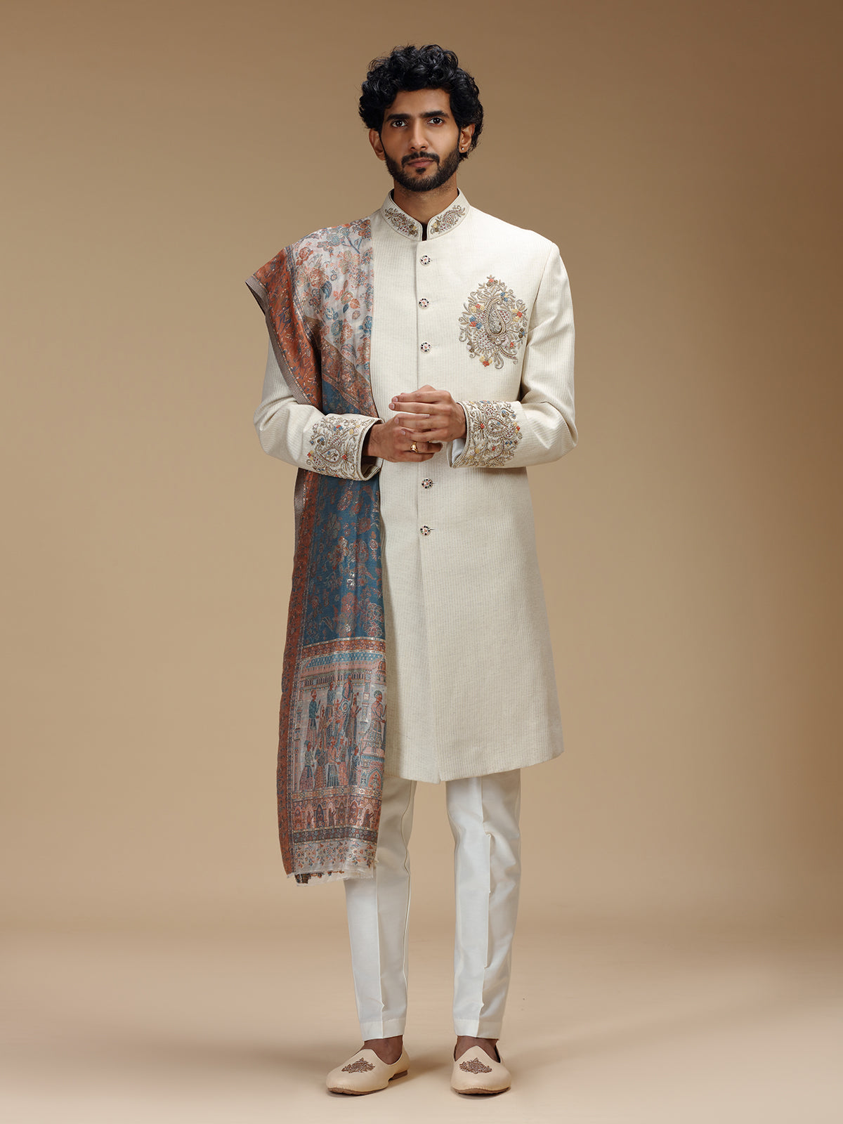 Off white linen silk embroidered sherwani with dupatta for men