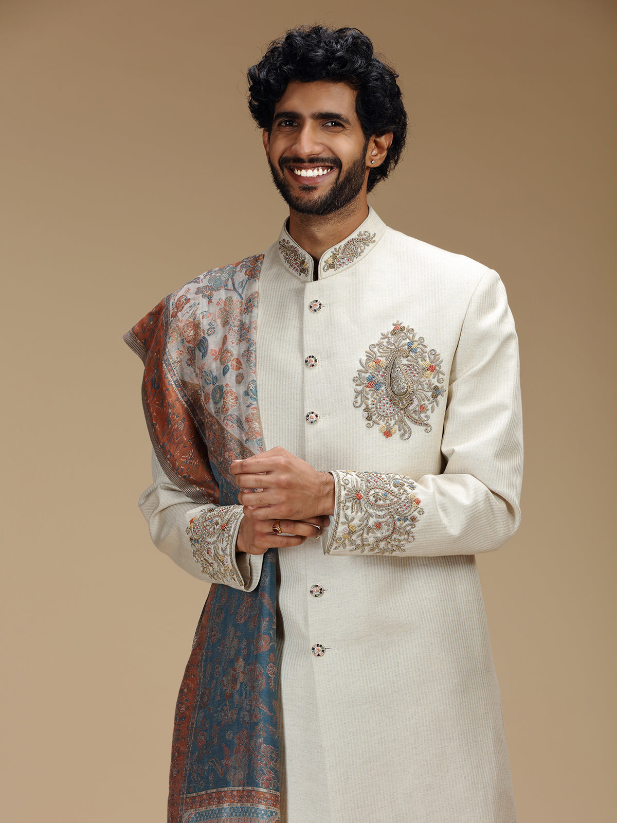 Off white linen silk embroidered sherwani with dupatta for men