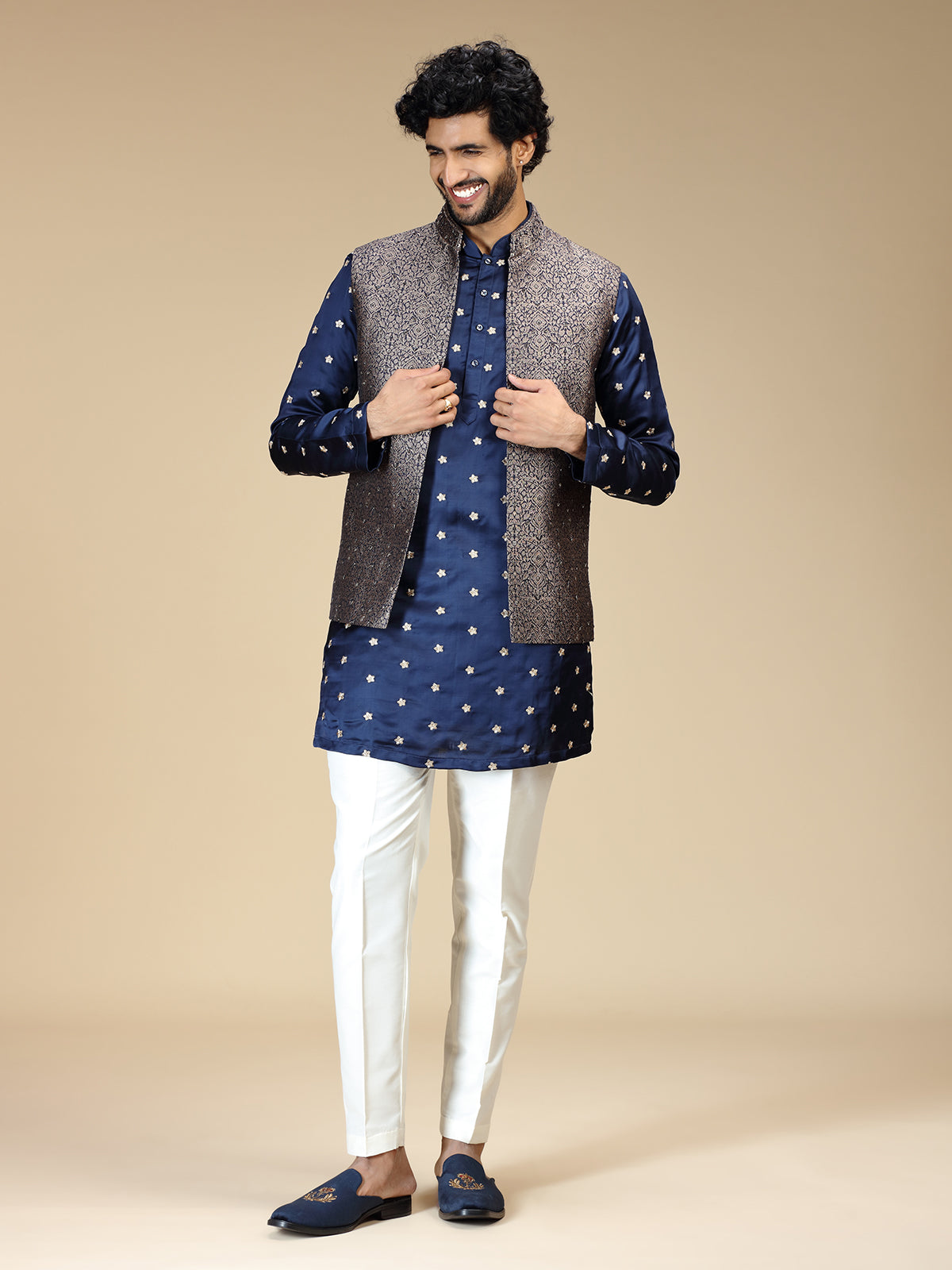 Navy blue silk embellished waistcoat set for men