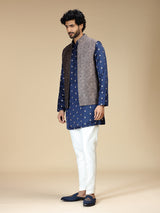 Navy blue silk embellished waistcoat set for men
