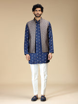 Navy blue silk embellished waistcoat set for men