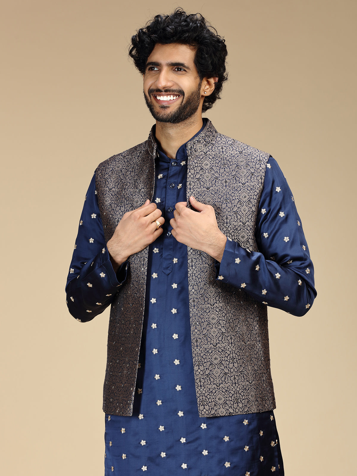Navy blue silk embellished waistcoat set for men