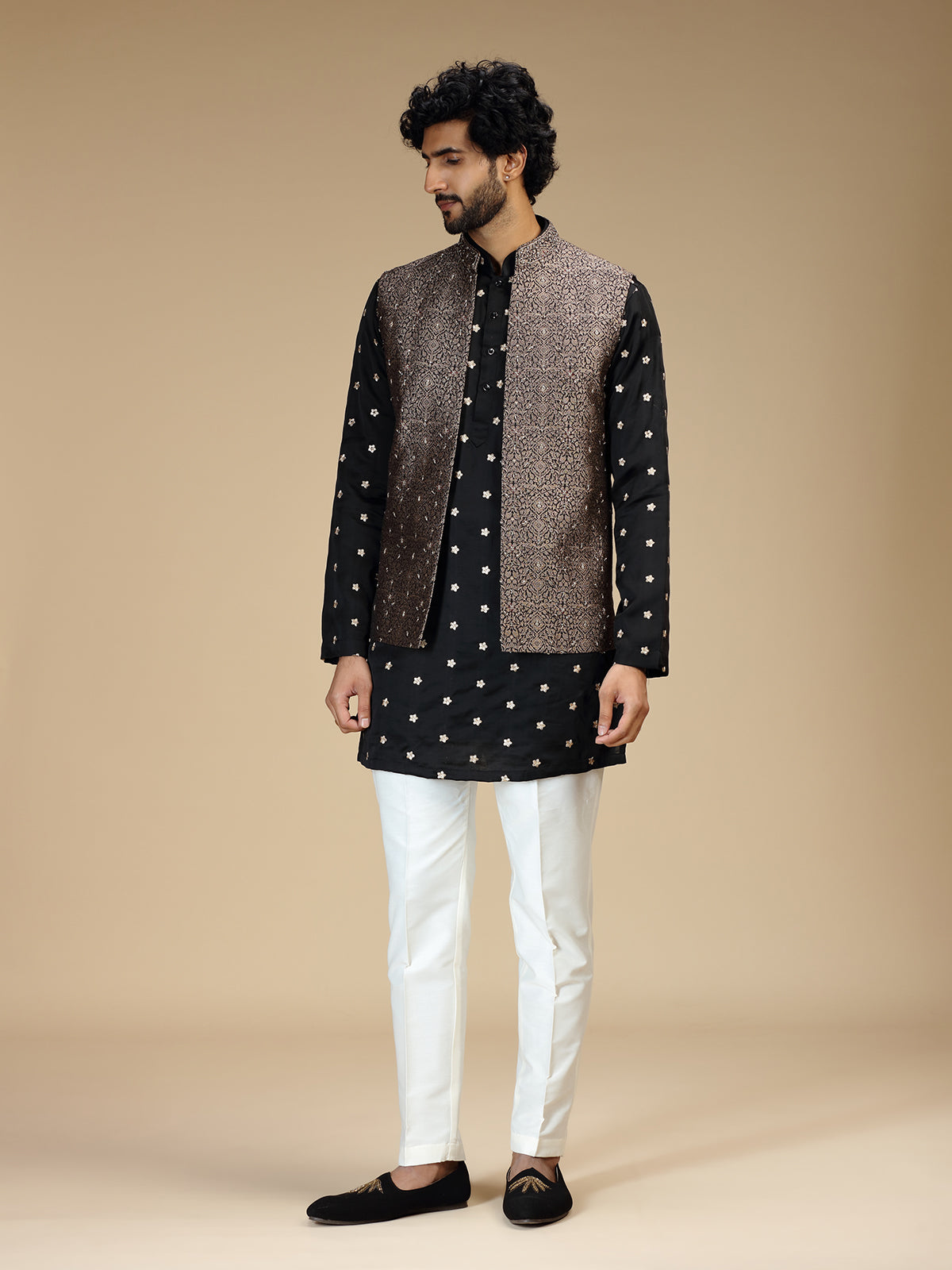 Black silk embellished waistcoat set for men