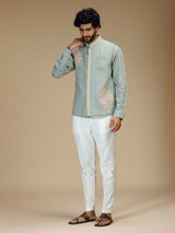 Mint green linen embroidered waistcoat set for men