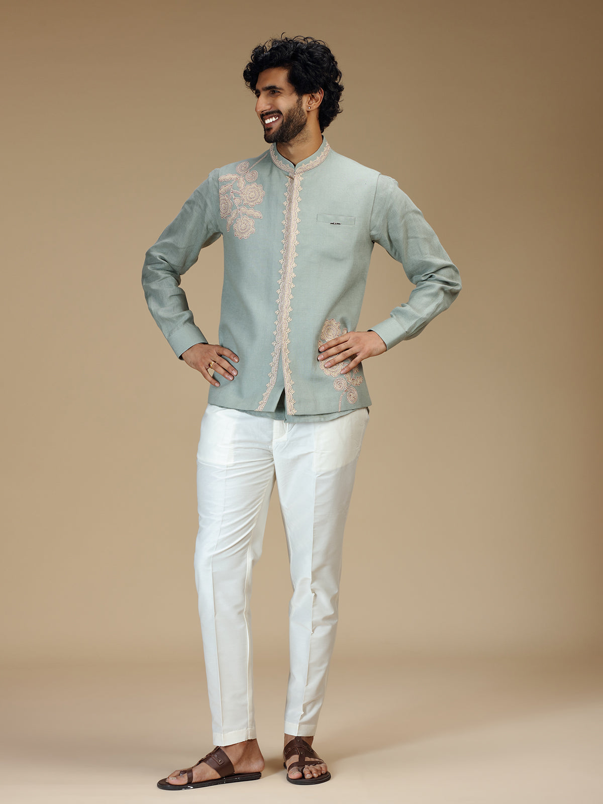 Mint green linen embroidered waistcoat set for men