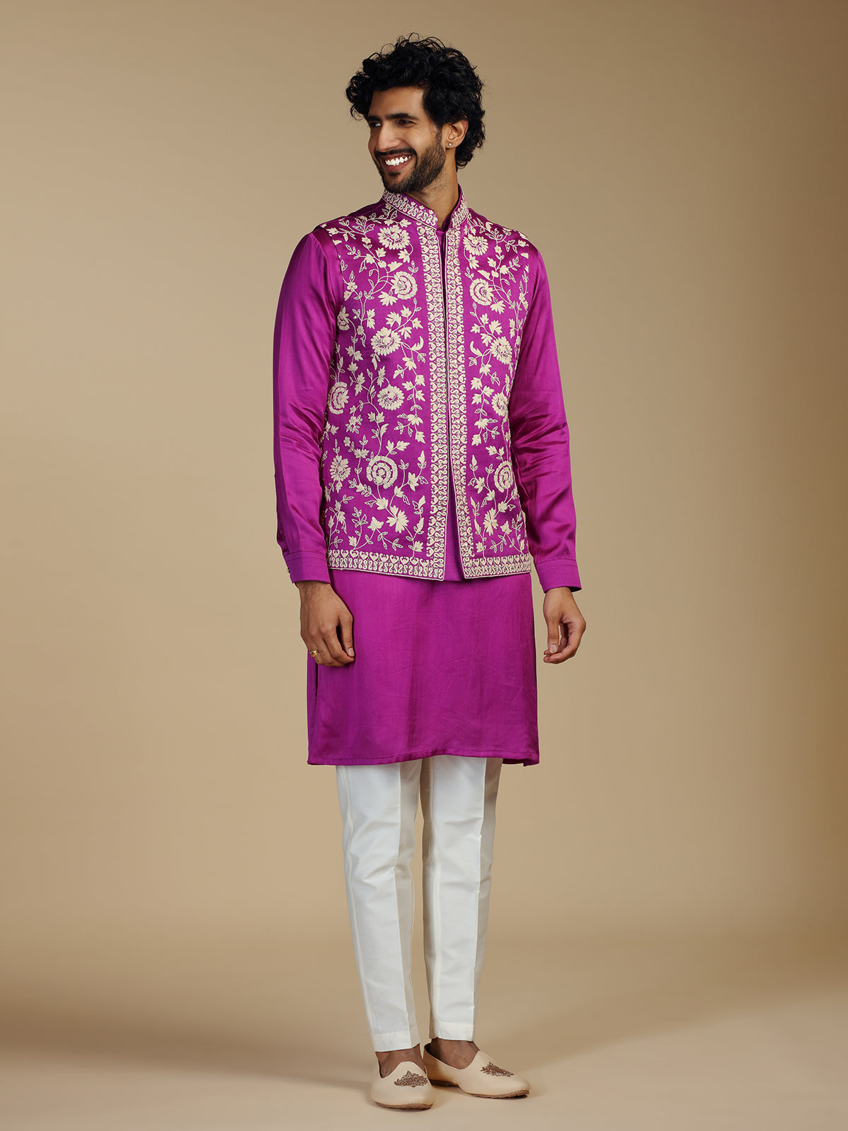 Magenta pink silk embroidered waistcoat set for men