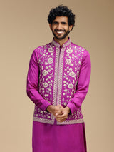 Magenta pink silk embroidered waistcoat set for men