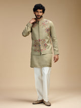Pista green linen satin embroidered waistcoat set for men
