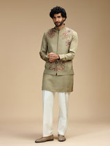 Pista green linen satin embroidered waistcoat set for men