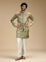Pista green linen satin embroidered waistcoat set for men