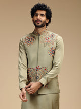 Pista green linen satin embroidered waistcoat set for men