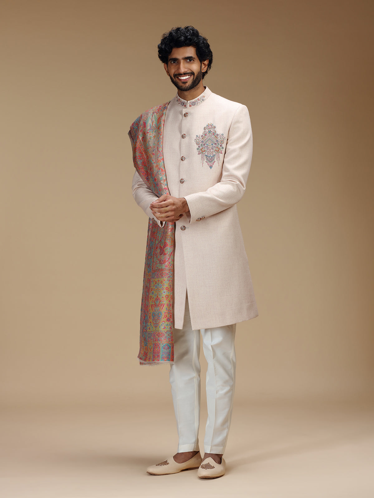 Refined peach mens indo western with dupatta
