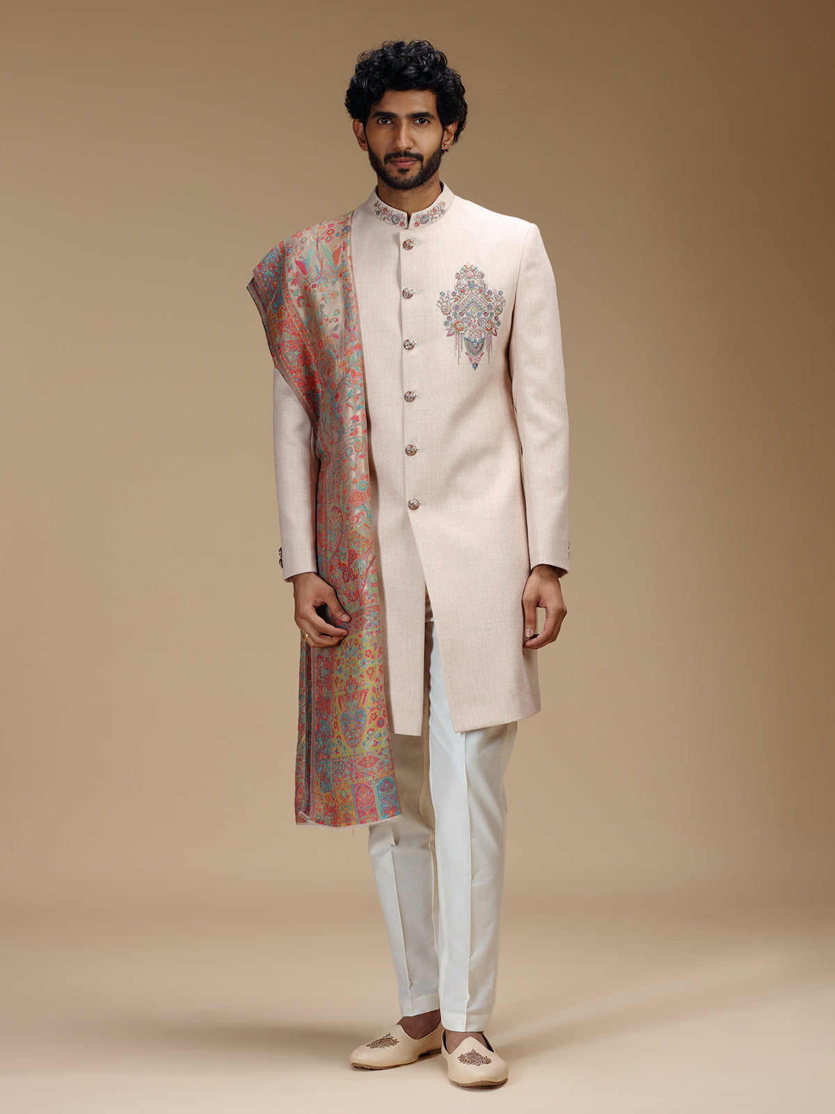 Refined peach mens indo western with dupatta