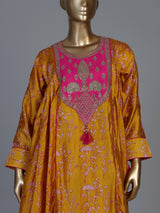 Mustard yellow silk printed anarkali suit with dupatta
