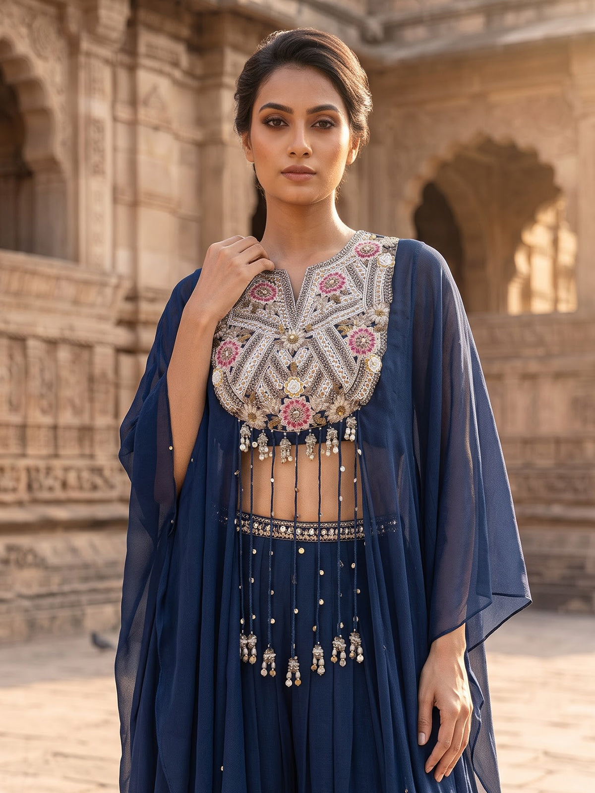 Peacock blue chinon silk indowestern suit for celebrations