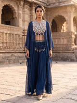 Peacock blue chinon silk indowestern suit for celebrations