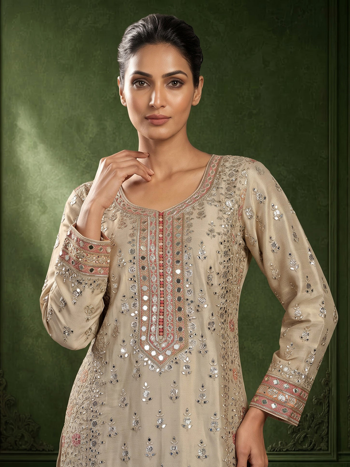 Beige pakistani style chanderi silk salwar suit with rust dupatta